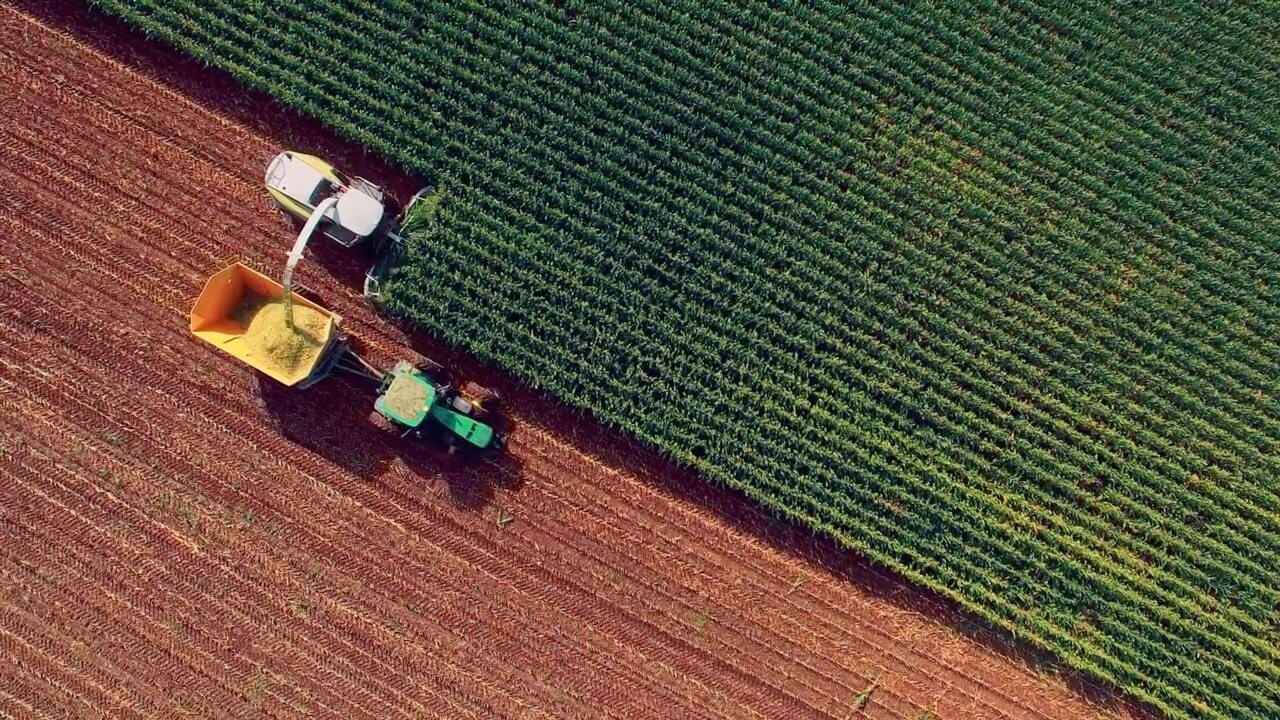 field with tractor harvesting ingredients for biofuel production 